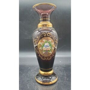 Vintage Vecchia Murano Amethyst Glass Gold Applied Flowers 9.5" Purple Bud Vase